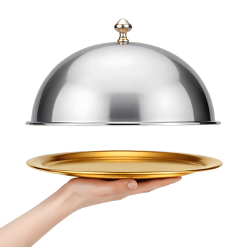 A hand presenting a golden serving tray under a silver food dome cover png