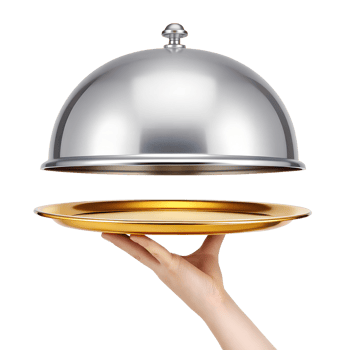A hand holds a golden tray with a silver food cloche lifted slightly above it png