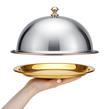 A Hand Presenting a Golden Tray with a Silver Food Dome Overhead A Culinary Service png