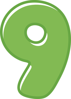 Colorful and playful number cartoon illustration for kids. Green number nine. png