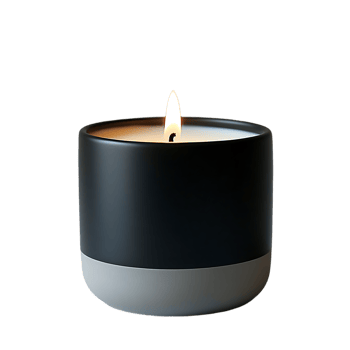A lit candle in a dark grey and light grey container png