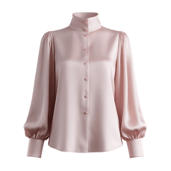 Elegant blush pink satin blouse high neck long sleeves button down shirt png