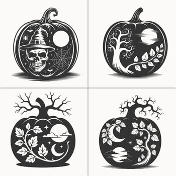 Spooky Halloween Pumpkin and Witch Illustrations Featuring Cats, Bats, Skeleton, and Fun Spooky Details for Halloween Party Decorations N vector