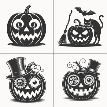 Spooky Halloween Pumpkin and Witch Illustrations Featuring Cats, Bats, Skeleton, and Fun Spooky Details for Halloween Party Decorations B vector