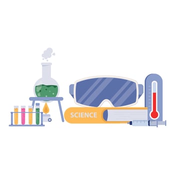 Flat style microscope with open science book, formula board, colorful test tubes, and experiment tools. vector