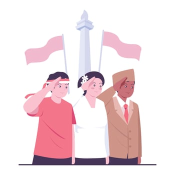 Citizens from diverse backgrounds saluting to commemorate Indonesian independence. vector