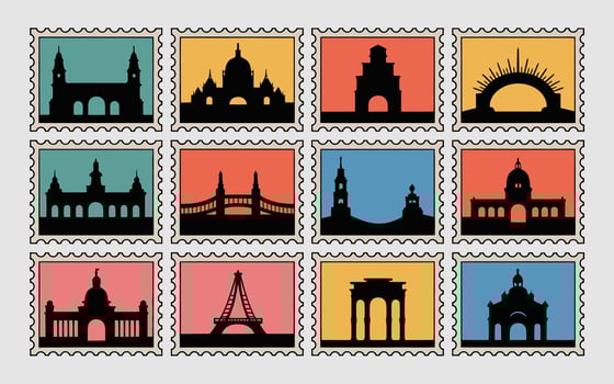 Vintage postage stamps illustrating famous landmark silhouettes on colorful backgrounds vector