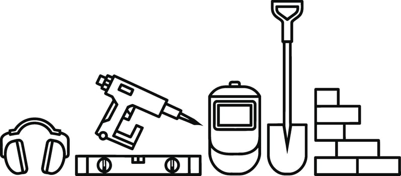 Construction tools outline featuring safety gear and building materials monochrome illustration vector