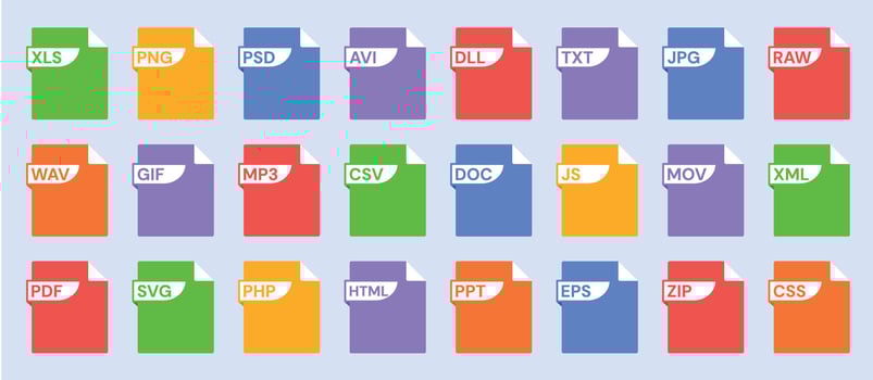 Stencil file format icons with PDF, JPG and MP3, JS and XML, DLL and SVG, CSV and , and DOC labels. File types with document extension for UI and UX. set vector
