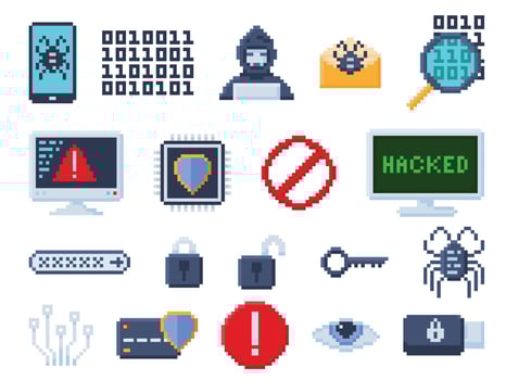 Pixel art cybersecurity icons collection vector