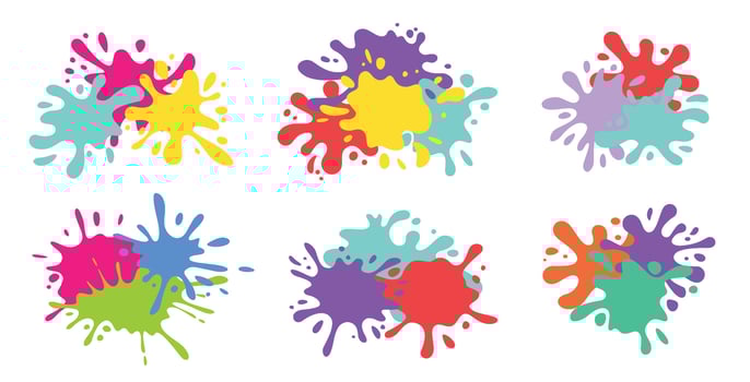 Colorful paint splashes. Color splash combinations, overlapping blots shapes, abstract ink splatter and liquid inkblots mix. Hand drawn paint drip spots set vector