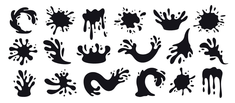 Water splash shapes with droplets. Ink splatter silhouette, paint spill, flowing fluid and liquid blots. Dynamic burst splashes hand drawn isolated set vector