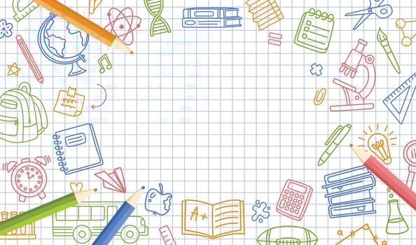 Doodle back to school frame. Educational border with hand drawn school items and colorful pencils on grid paper. Sketch stationery background for classroom, academic or student banner vector