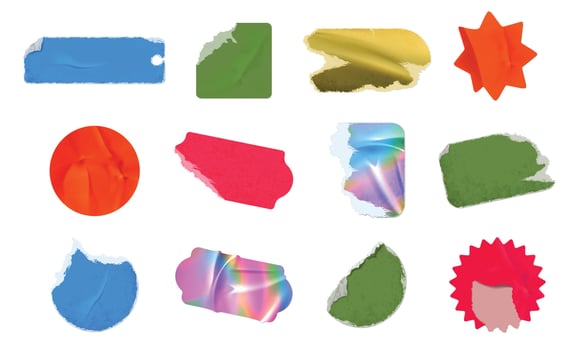 Ripped stickers. Old crumpled paper tags with torn worn out edges, textured distressed label sticker shapes and adhesive price tag isolated realistic set vector