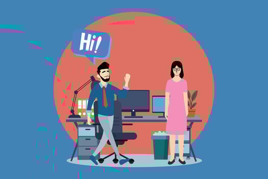 Flat illustration of a man greeting a woman in a modern office setting. Suitable for workplace communication, onboarding, teamwork, coworker interaction, and business concepts. vector