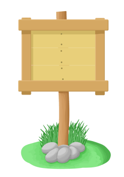 Framed wooden sign with three planks and rock base with grass. png