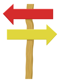 Red and yellow arrow signs on a wooden post. png