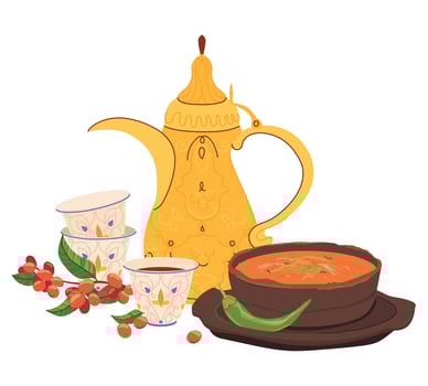 Arabic coffee pot Dallah, coffee branch and cups with ornament. Saltah in a stone pot called harada or maghla. Traditional Yemeni lunch, Symbol of Middle Eastern hospitality. clipart flat style vector