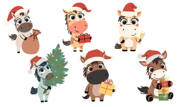 Cartoon horses in Santa hats vector