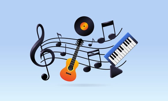 musical notes, guitar, and keyboard illustration vector