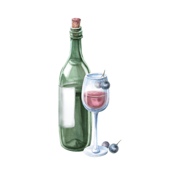 Glass of red wine, bottle and grapes. Isolated watercolor illustration in realistic style for bar menu design, restaurant interior, printing on alcoholic beverages, printing on textiles png