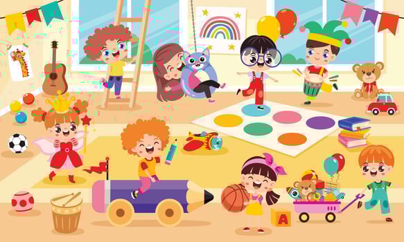 Happy kids playing in a colorful room vector