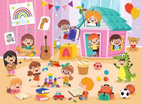 Children playing in colorful indoor playroom vector