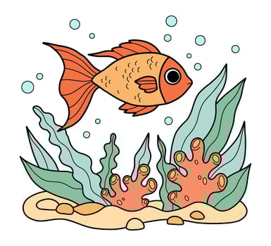 Tropical Fish swim among seaweed on seabed. Goldfish and Underwater seascape landscape. Color Hand Drawing. Kids collection vector