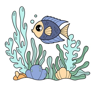 Cute Tropical blue Fish swim among seaweed. Underwater seascape landscape. Color Hand Drawing. vector