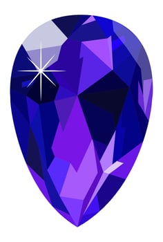 Large teardrop shaped purple gemstone shining brightly with starburst light reflection, isolated on white background, representing luxury, value, and elegance vector