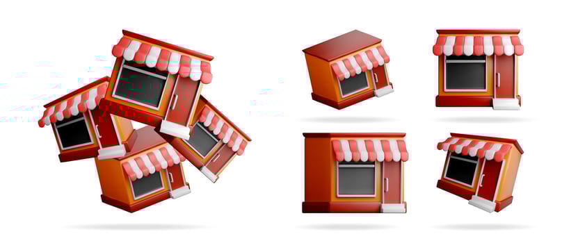 A collection of 3d shop icons with a red and white striped awning on a white background. Online shopping and small business concept. vector