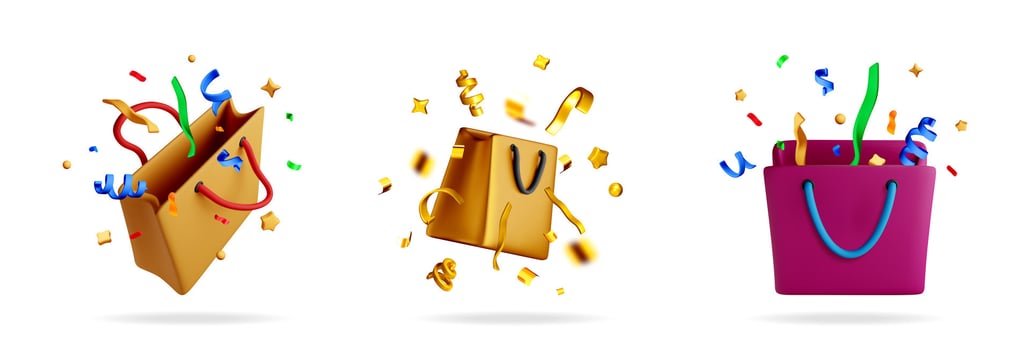 Three 3d shopping bag with flying confetti. Celebration of sale or store discount event. Concept of special offer for customer. vector