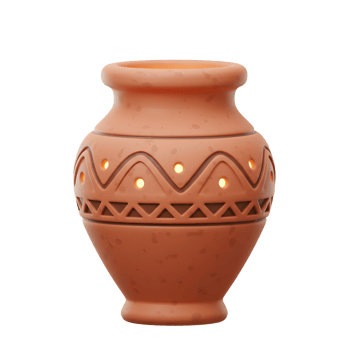 A terracotta pot with a geometric pattern and light emanating from within is shown, adding warmth to any indoor space. png