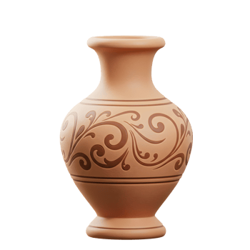 A decorative terracotta vase with brown floral designs sits against a white backdrop, suitable for holding flowers or as an art object. png