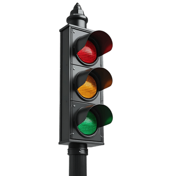 Traffic light with black metal frame and black pole isolated on transparent background png
