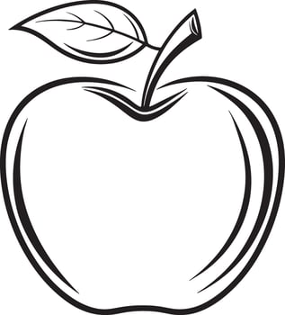 An apple with a leaf on it is shown in black and white vector