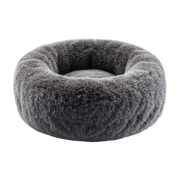 Fluffy round pet bed gray for dogs and cats comfortable and warm sleep isolated on transprint background png