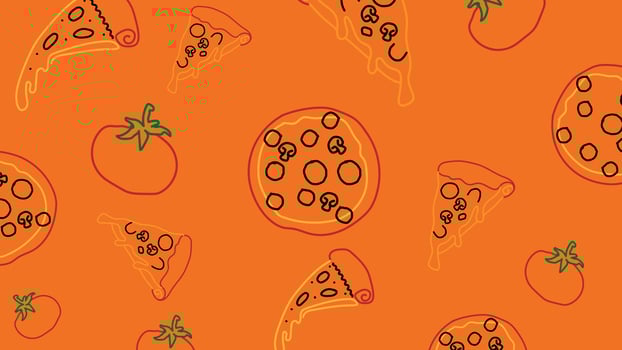 Cartoon pizza slice and tomato background vector