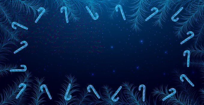 Candy cane and tree branches, Christmas concept with glowing low poly candy on dark blue background. Wireframe low poly design futuristic illustration vector