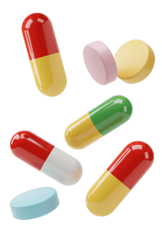 pills falling down . Colorful pills flying isolated for healthcare visuals, pharmaceutical ads, and medicine related content. Assorted pills and capsules flying in mid air for medical purposes png