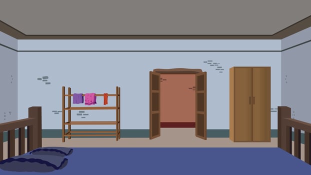 Cozy bedroom with colorful shelves vector