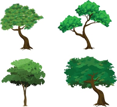 Cartoon Green Tree Set with Multiple Tree Styles and Leafy Tops for 2D Animation Background, Nature Scene, Forest Game Design, or Educational Landscape Elements vector