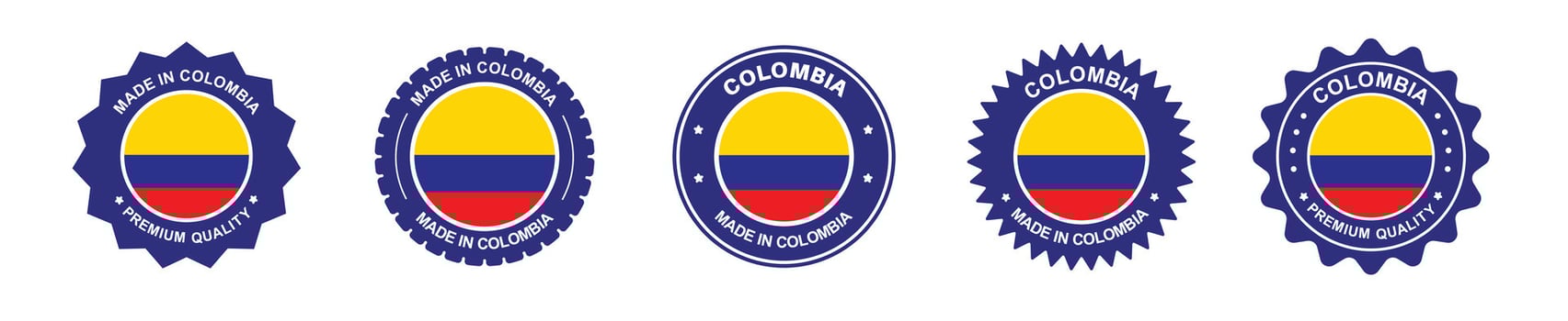Colombia product label set. Colombian flag, premium made in Colombia. Labels, seals, stamps, flags, icons vector