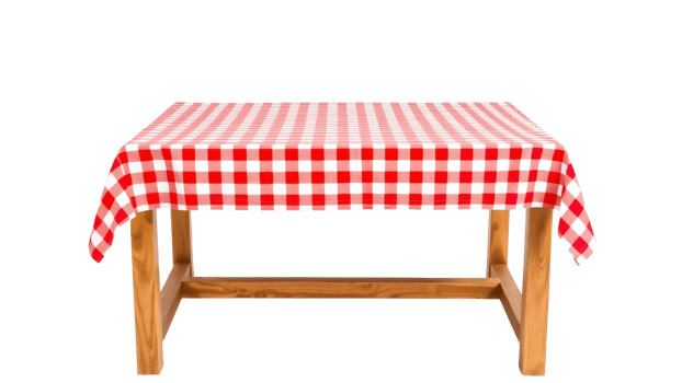 Empty wooden table with red gingham tablecloth isolated on transparent background png