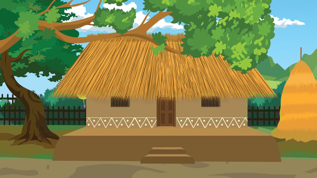 Thatched house with trees vector