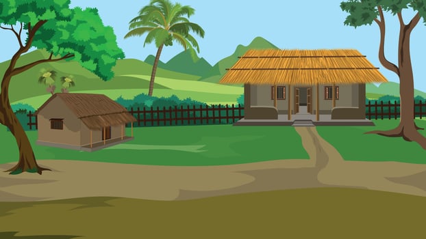 Village landscape with two houses and trees vector