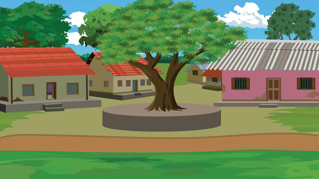 Village with houses and large tree vector