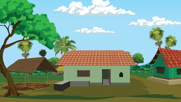 Rural landscape with traditional houses and trees vector
