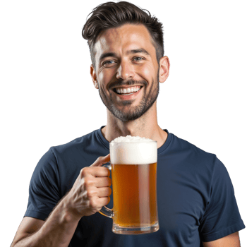 Portrait of a happy man holding a beer mug isolated on transparent background. png
