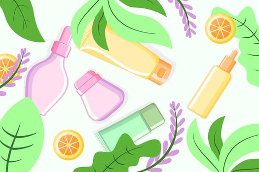 Clean Beauty Product Display in a Natural Skincare Scene with Lavender and Greenery vector